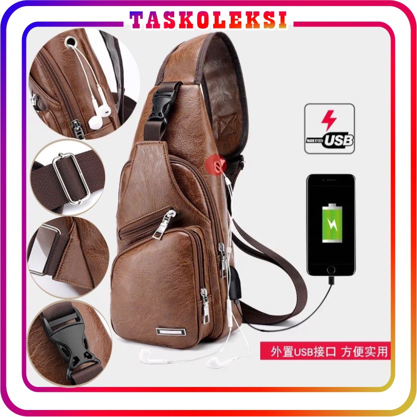 ☛TK☚ P039 Tas Selempang Kulit USB Sling Bag Slempang Pria Import Shoulder Murah Fashion Korea