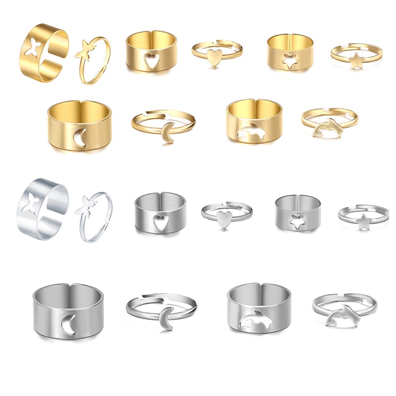 2pcs Cincin Jari Telunjuk Kombinasi Desain Kupu-Kupu Gaya Punk Untuk Pasangan