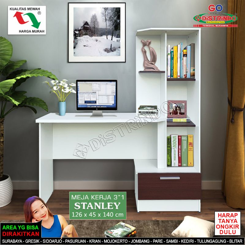 DISTRINDO Meja Belajar Minimalis dengan Rak Buku Serbaguna + Laci