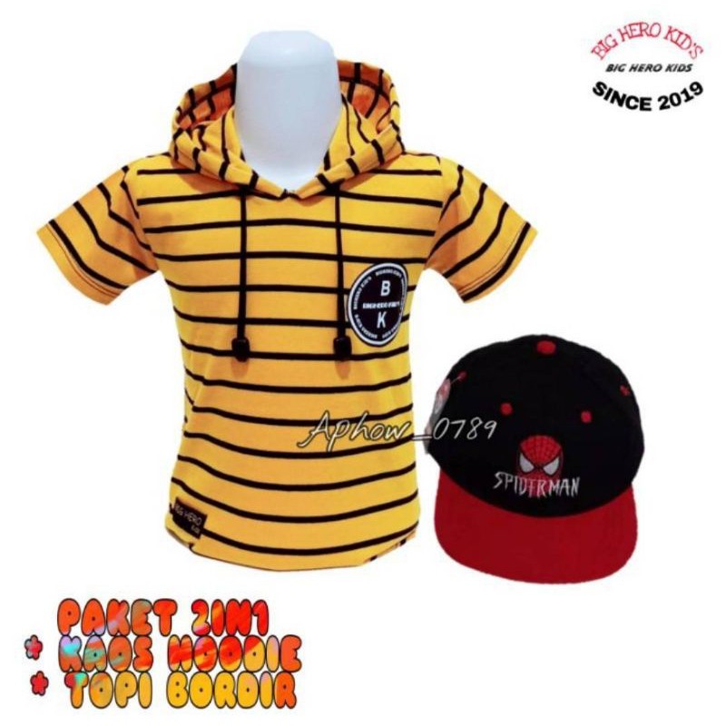 2in1 paket kaos Hoodie anak salur + topi bordir Spiderman