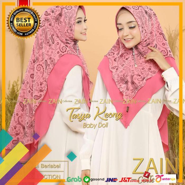 SALE.. JILBAB INSTAN KHIMAR 2LAYER POLOS MOTIF KEONG TASYA SERIES ORI ZAIN - PINK ..TERLARIS