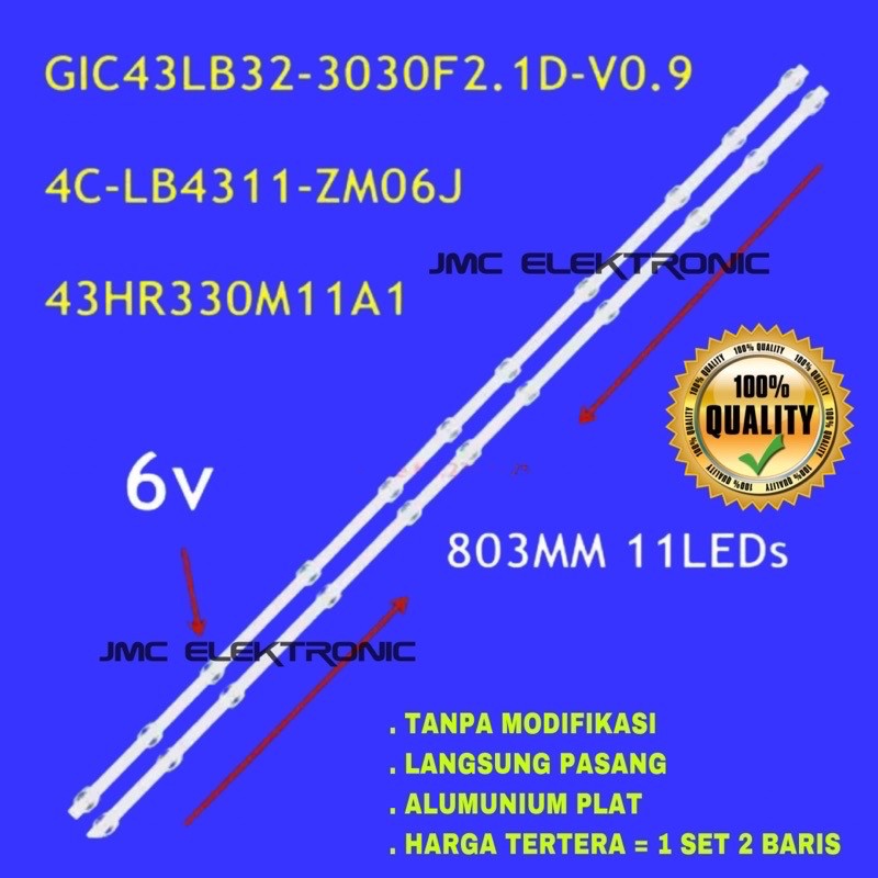 BACKLIGHT TV LED TCL 43 INC L43D3000 L43A260 L43S460 43A260 43D6 43V2 43F6F 43L2F 43D3000 43HR330M11A1 11K BL TCL 43 INCH 43IN 11 KANCING  11 K 6V