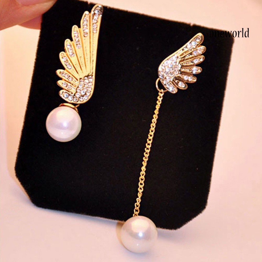 OW@ Asymmetric Rhinestone Inlaid Angel Wings Tassel Faux Pearl Women Stud Earrings