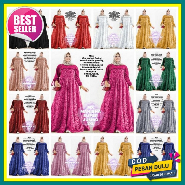 Zoe Butiq Zo77 Hasanah - Gamis Wanita Brukat Terbaru 2022 Mewah Jumbo Pesta Kondangan Lengan Balon B