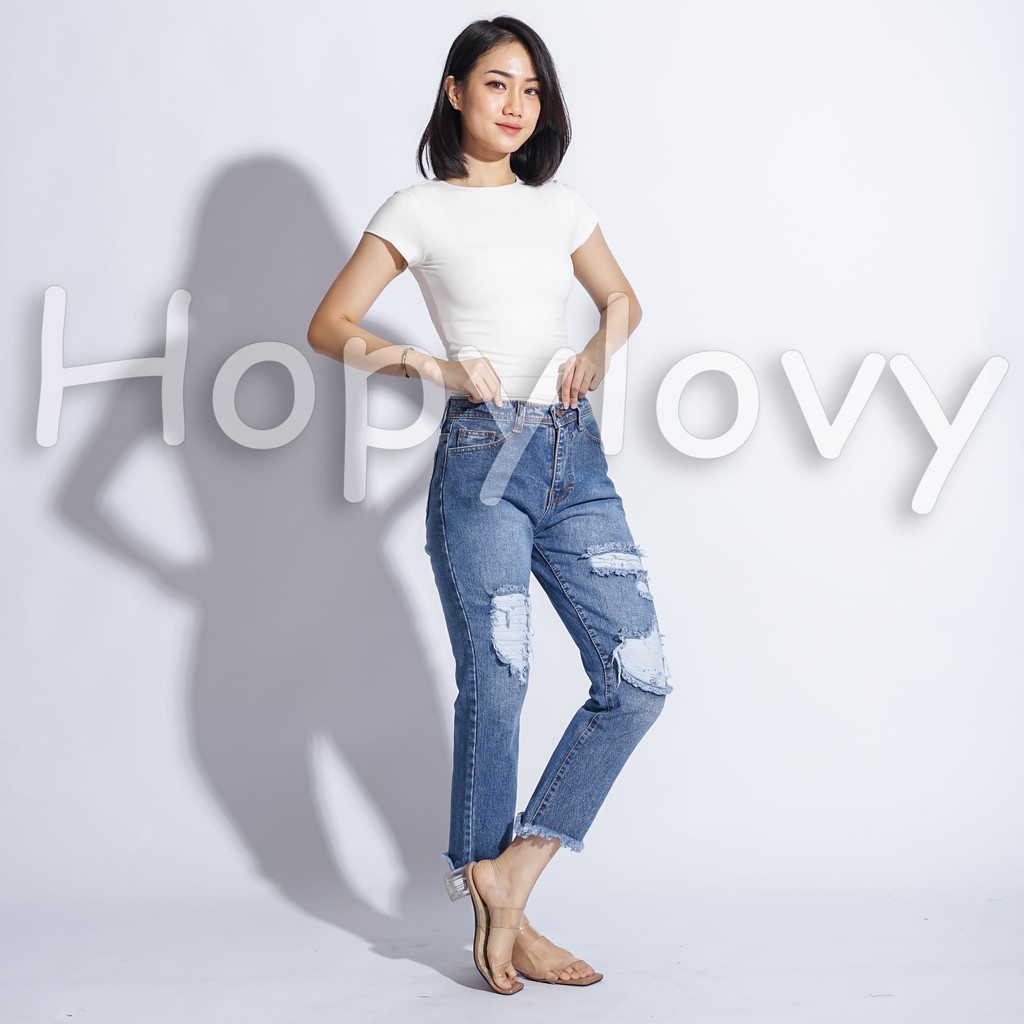 HOPYLOVY - Celana Boyfriend Ripped Jeans Wanita Rawis  Lucinna