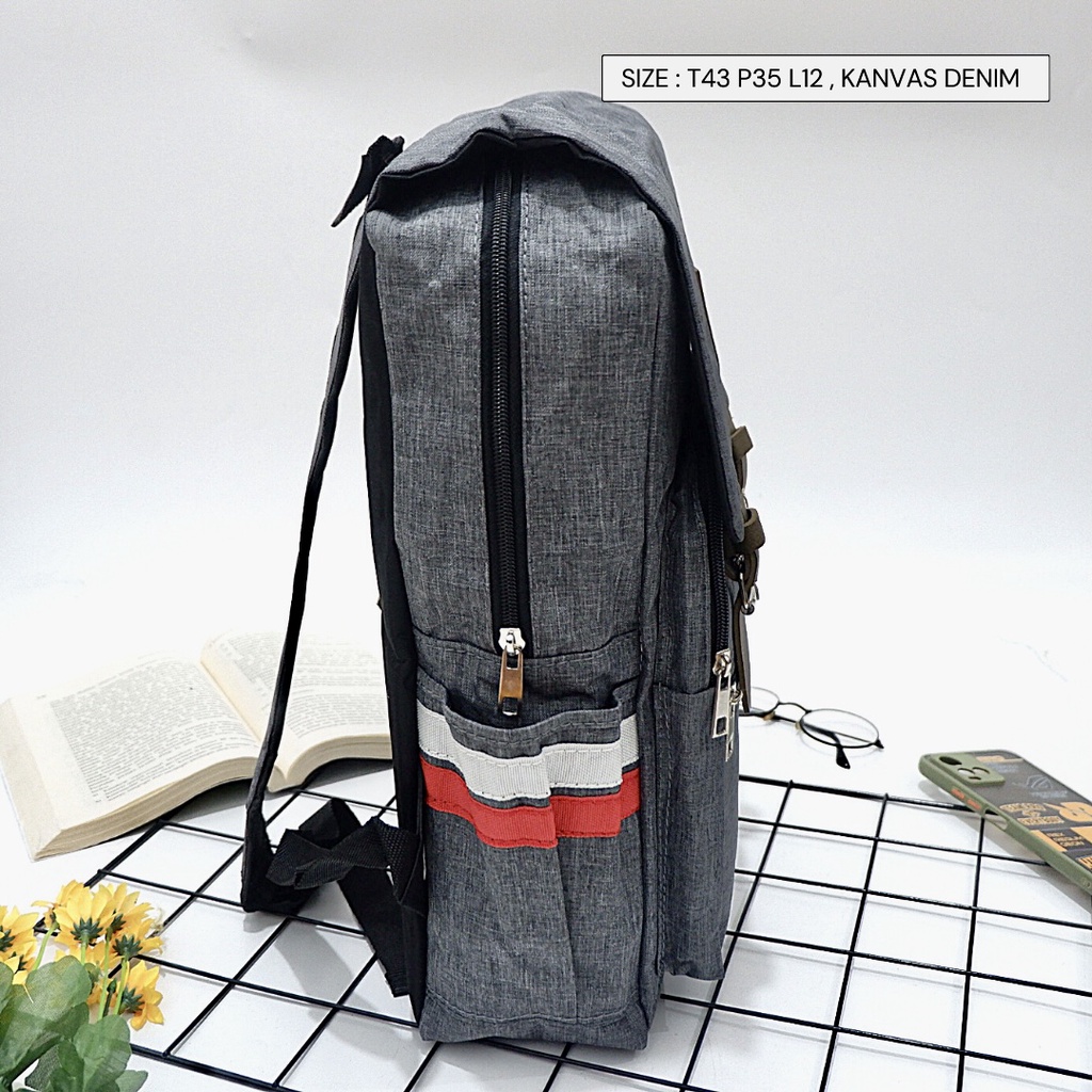 Ransel kanvas denim Tas Punggung Sekolah Murah Tebal Slot Laptop Kain Kanvas Polos Banyak Resleting