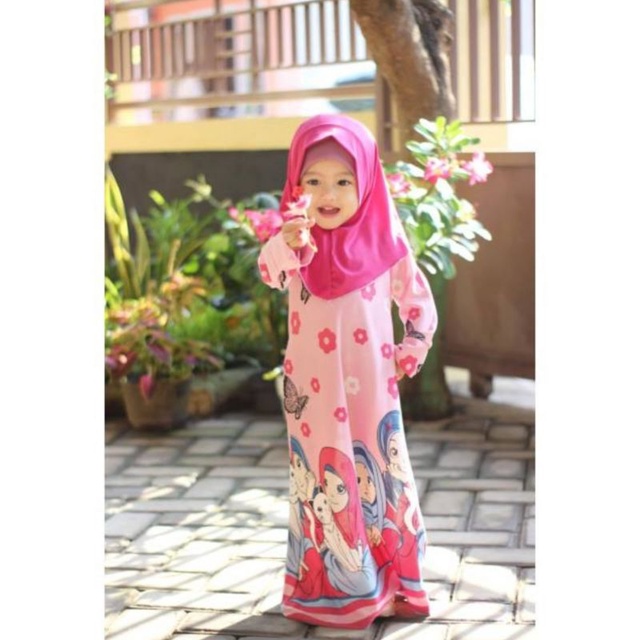 Gamis Misby Anak + Hijab Estimasi Usia 2-5 Thn / Gamis Anak Motif Kartun