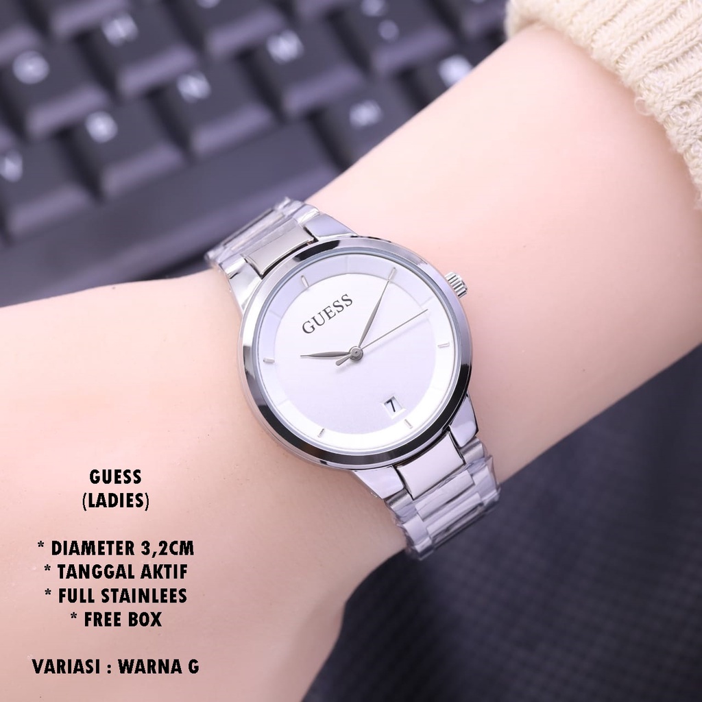 (BISA COD) JAM TANGAN WANITA GUESS RANTAI BODY BULAT TANGGAL AKTIF