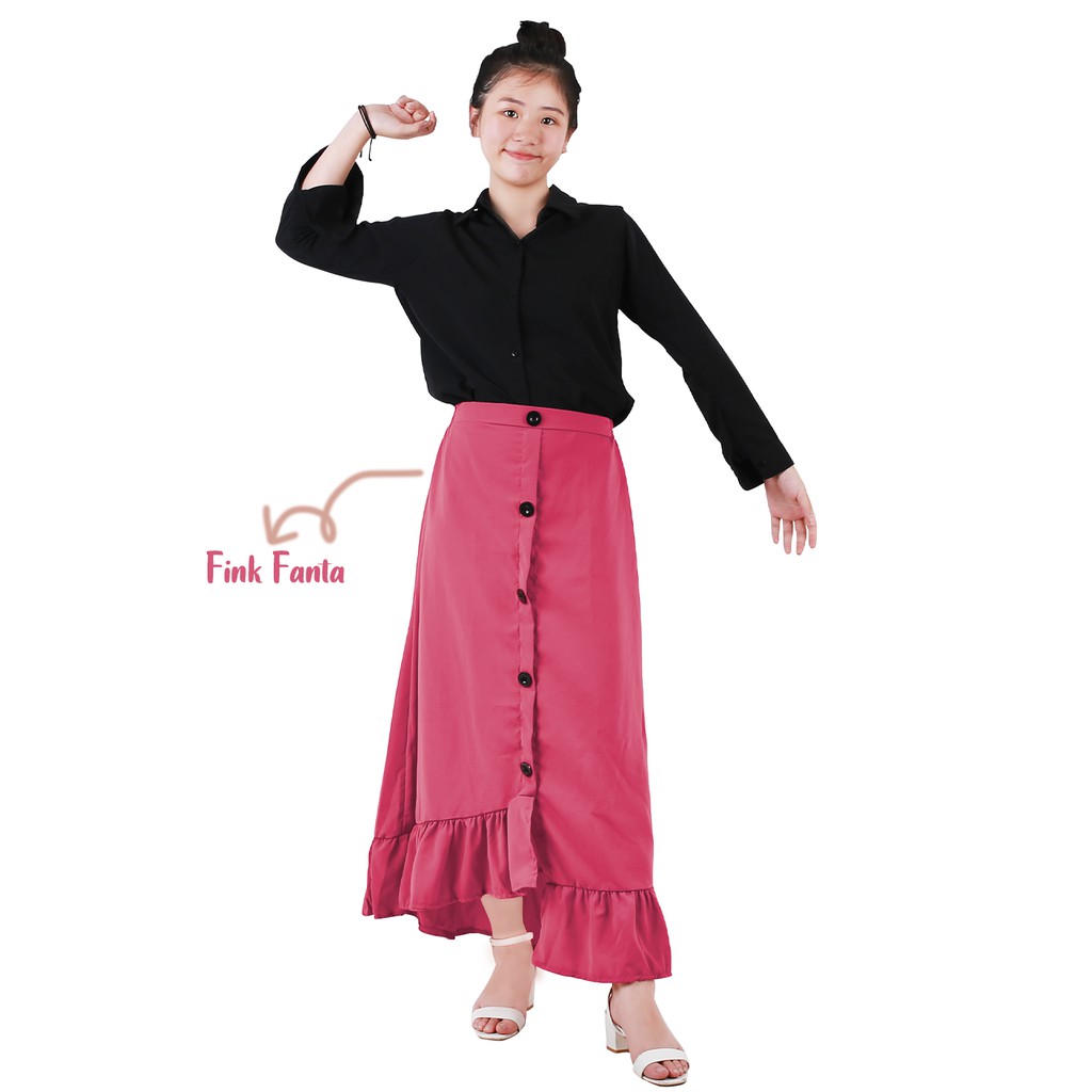 Rok Ruffle PANJANG Rample Korea Rok Kancing Button Skrit Pinggang Karet - YELONIX-PINK FANTA
