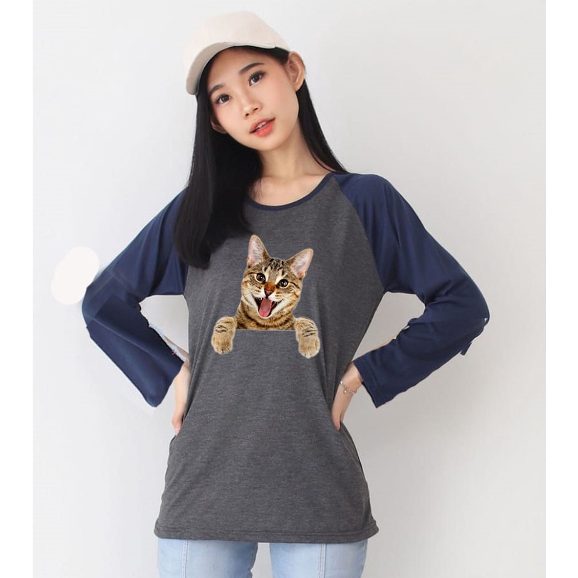 Kaos Raglan Abu Tua Lengan Panjang Gambar Kucing2