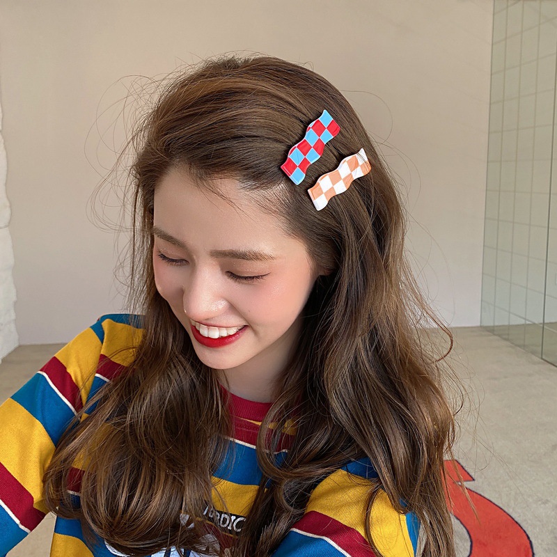 Wavy checkerboard hairpin sweet wild Korean bangs clip simple color plaid hairpin Grid hair accessories