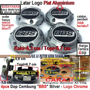 dop center velg mobil racing bbs cembung silver kaki 6.3 cm topi 6.7 cm logo chrome plat aluminium 4