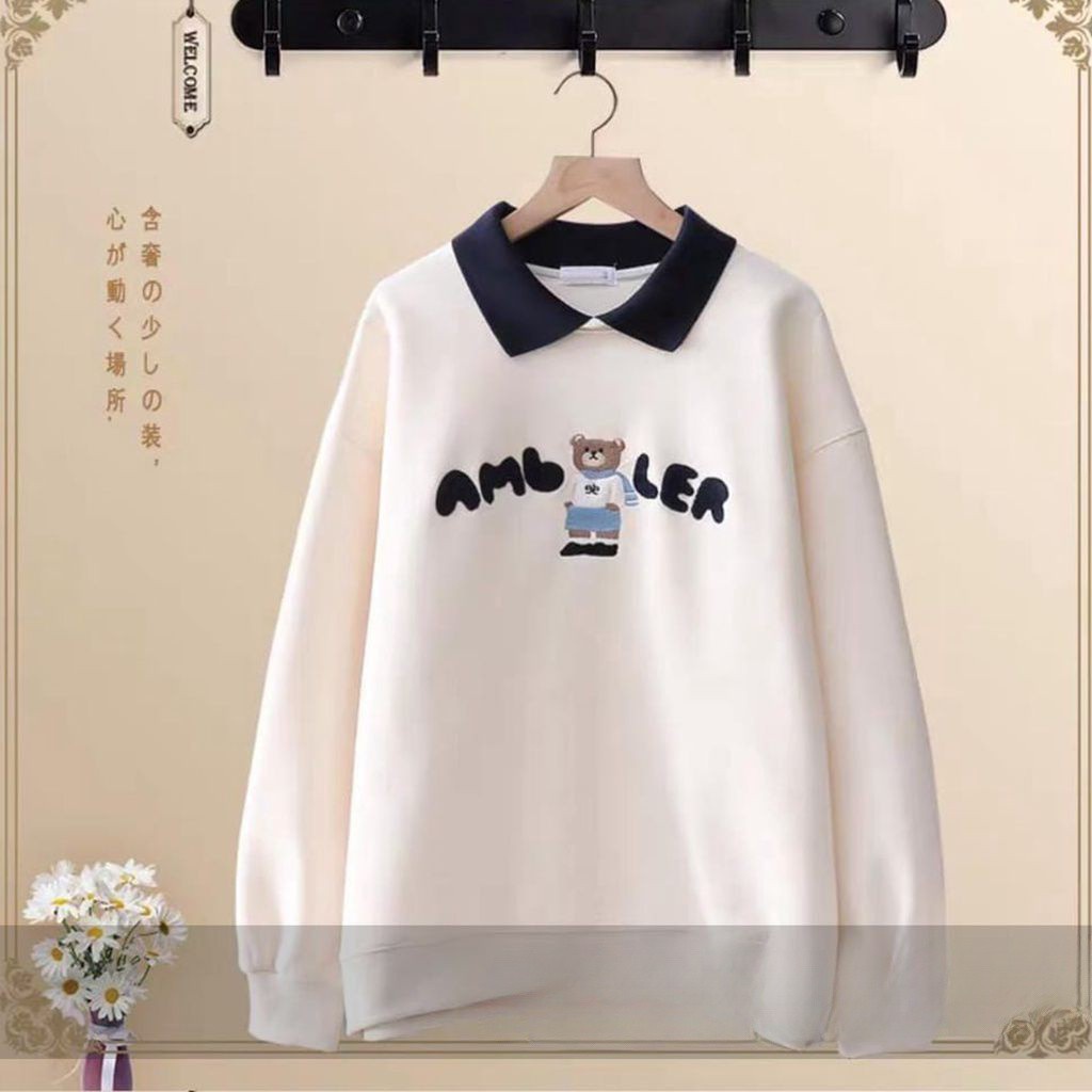 AMBLER BEAR COLAR Sweater Crewneck Oversize Wanita Atasan Blouse Terbaru Motif Cute Korean Fashion Style Kasual Kekinian FLEECE Tebal