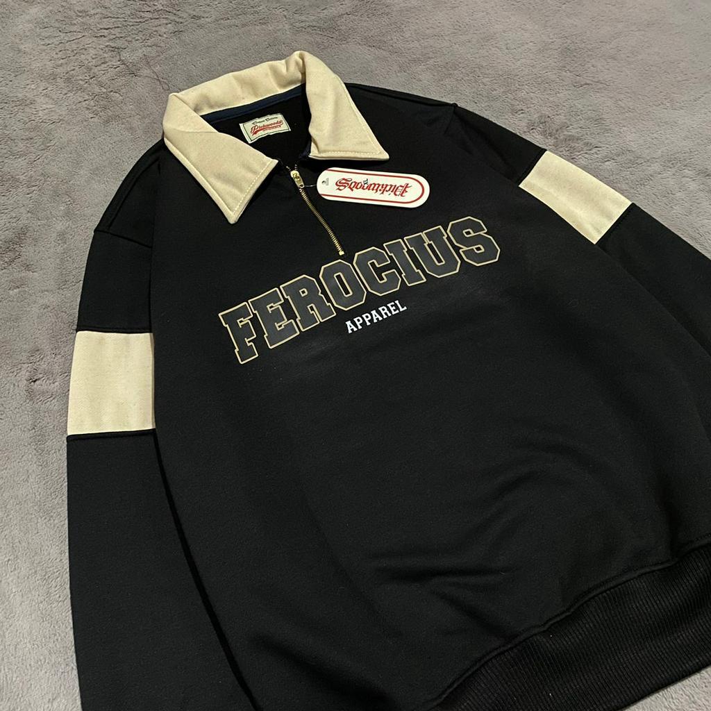 Jaket Sweater Rugby Kombinasi Motif Ferocious  / Warna Simple Cotton Fleece Premium Distro Size M-XXL Warna Hitam &amp; Beige Original