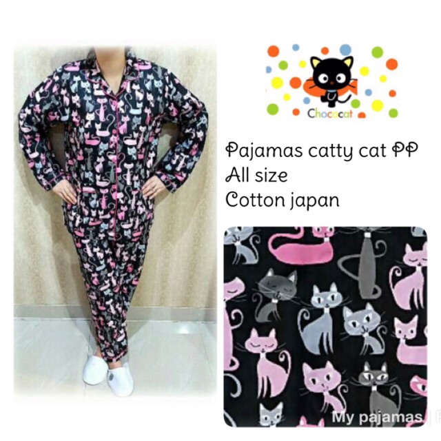 PP CATTY CAT BLACK PINK pajamas HARGA GROSIR piyama katun  