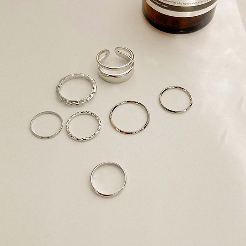 Fancyqube 7pcs / Set Cincin Model Hollow Bulat Terbuka Bahan Metal Untuk Wanita