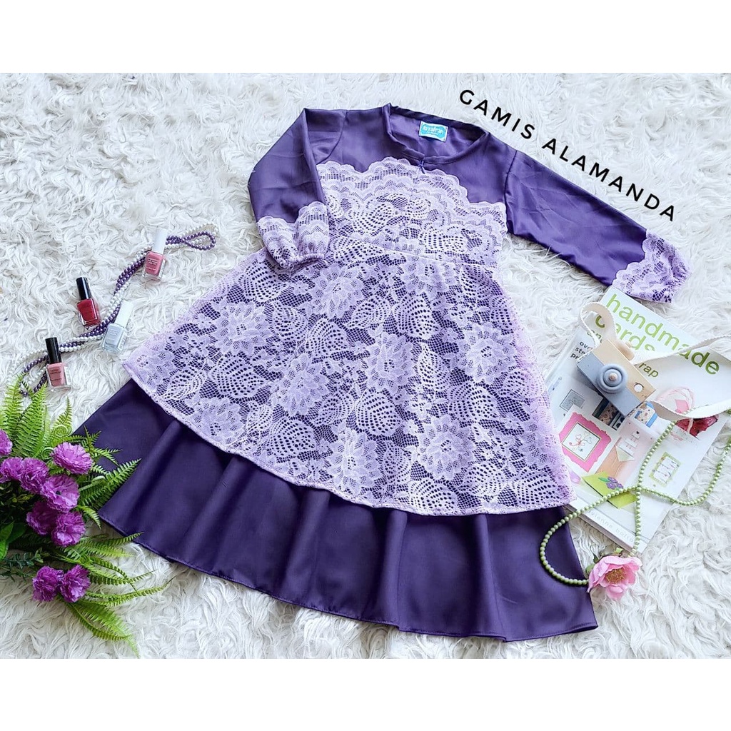 Gamis Alamanda/Gamis Anak dan Dewasa/Gamis Model Terbaru/Gamis Muslim Warna Ungu Tua-Ungu Muda/Gamis