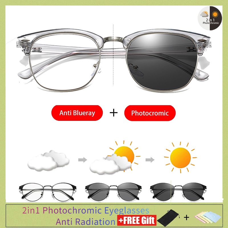 2 In 1 kacamata vintage terbaru lensa photocromic  kacamata photogrey antiradiasi minus  anti radiasi wanita pria kacamata komputer Anti UV New fotocromic