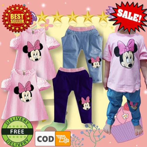 vision online-set one denim baju bayi dan anak perempuan stripy minnie pinky 1 2 3 4 tahun murah cod