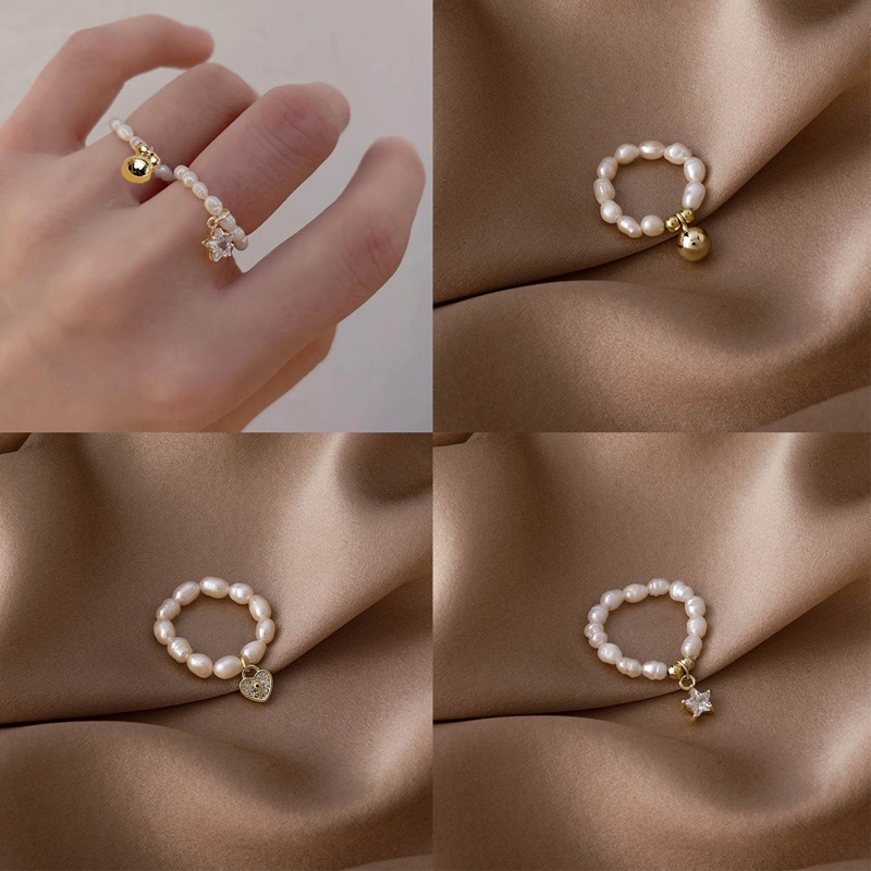 Cincin Elastis Bentuk Bintang Geometris Bahan Tembaga Zircon Aksen Mutiara Gaya Korea Untuk Wanita