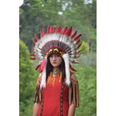 TOPI INDIAN - INDIAN HEADDRESS SMALL ANGSA MONTE MERAH PUTIH TUTUL