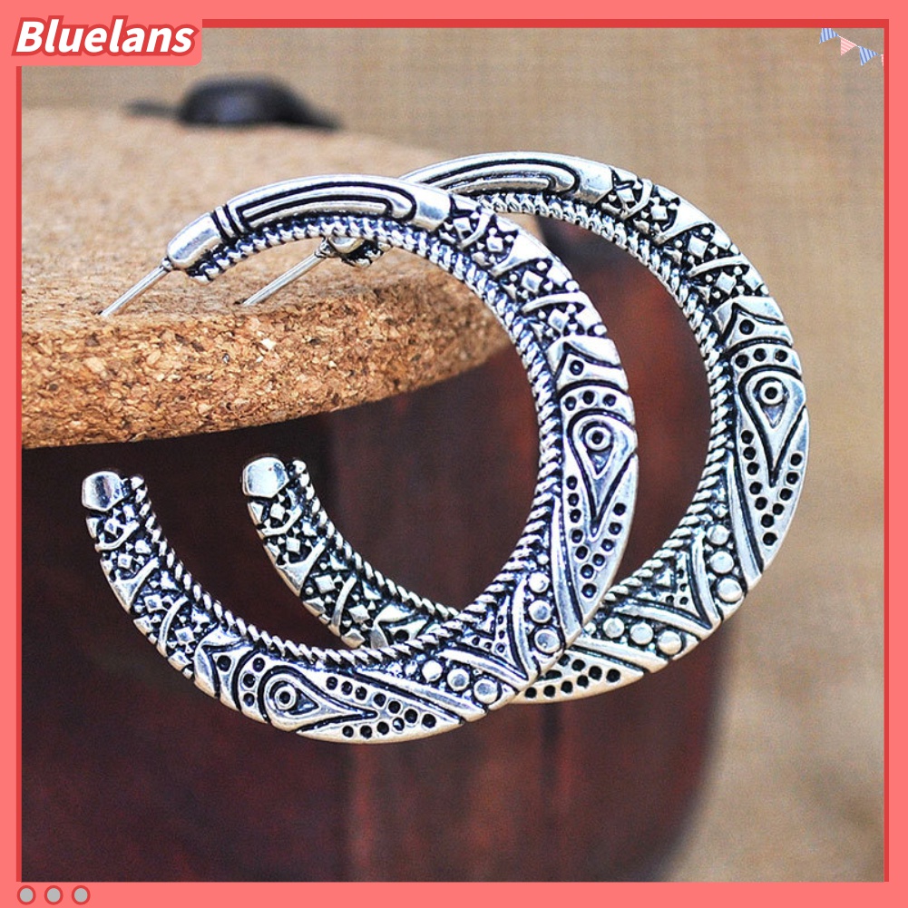 Anting Hoop Bentuk Lingkaran Besar Motif Ukir Gaya Vintage Tibet Untuk Wanita