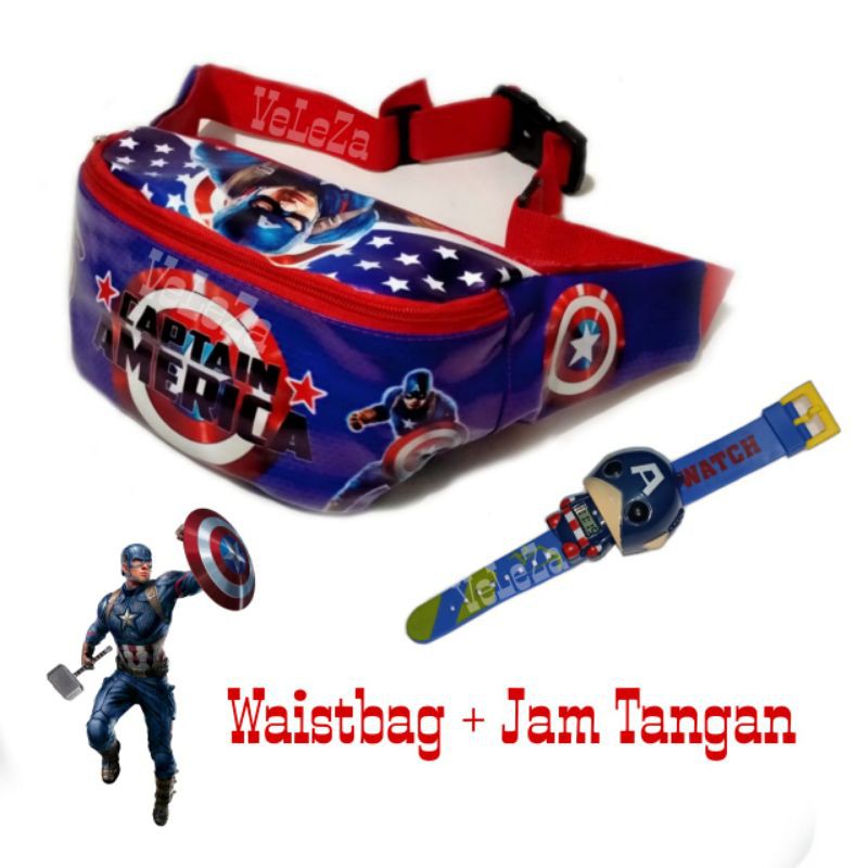 Waistbag Anak Karakter Superhero 2in1 - Waistbag + Jam Tangan - Tas Anak