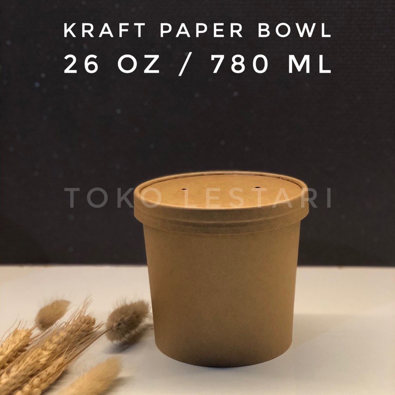 Kraft Paper Bowl 26 Oz + Lid Food Grade Untuk Soup cup / Ice Cream cup dll