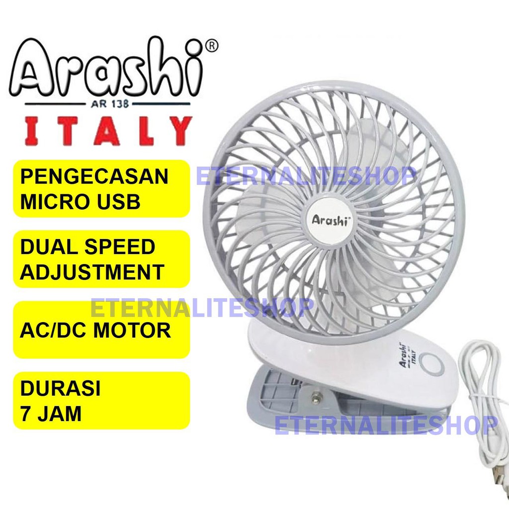 Kipas Angin Jepit USB Charging / Kipas Angin Arashi Italy Rechargable Clip Fan