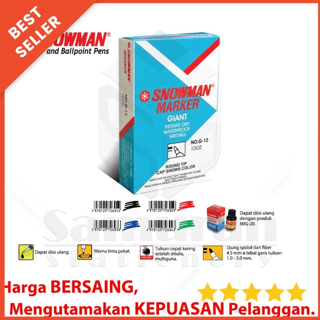 

Spidol Permanent Snowman Marker G-12 Pcs / G12 Permanen Besar G 12 Hitam Biru Merah Hijau(ORIGINAL PRODUK)