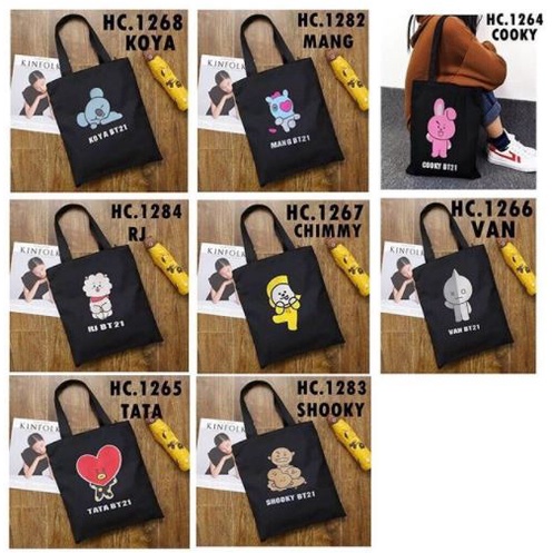 Totebag Canvas BTS BT21 ARMY HITAM Kpop Korean Style Tas Sandang Selempang Wanita Murah Berkualitas