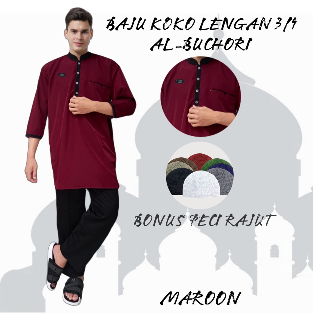 koko kurta pakistan pria dewasa dan remaja lengan 3/4/AL-BUKHORI/busana muslim original terlaris/bonus peci rajut