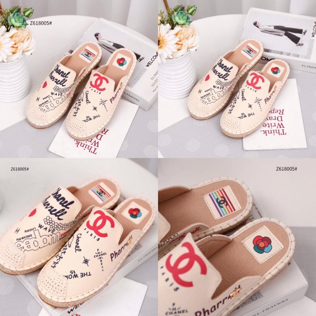 Sepatu batam  Chanel Espadrilles Mules Pharrell Capsule Canvas Flat-Shoes Z618005#
