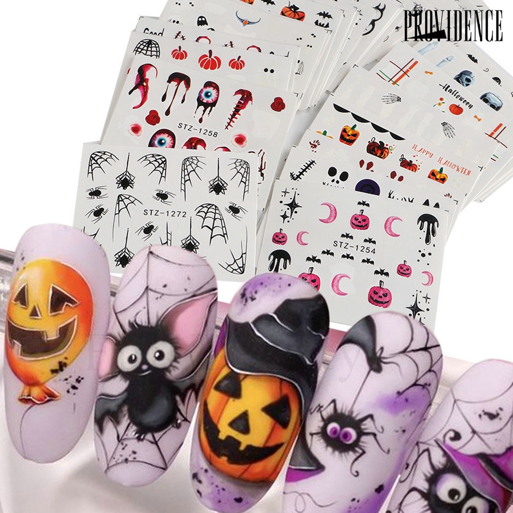 24 Pcs Stiker Kuku Motif Halloween Efek Indah Tahan Lama Removable Untuk Nail Art