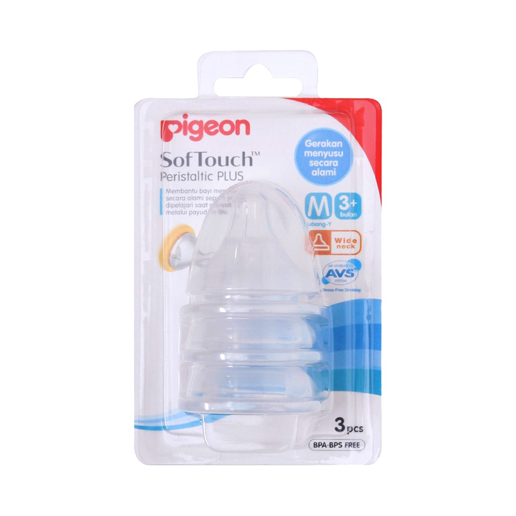 Pigeon SofTouch Peristaltic Plus Nipple Dot Wide Neck M 3 Pcs Blister 3+ Bulan