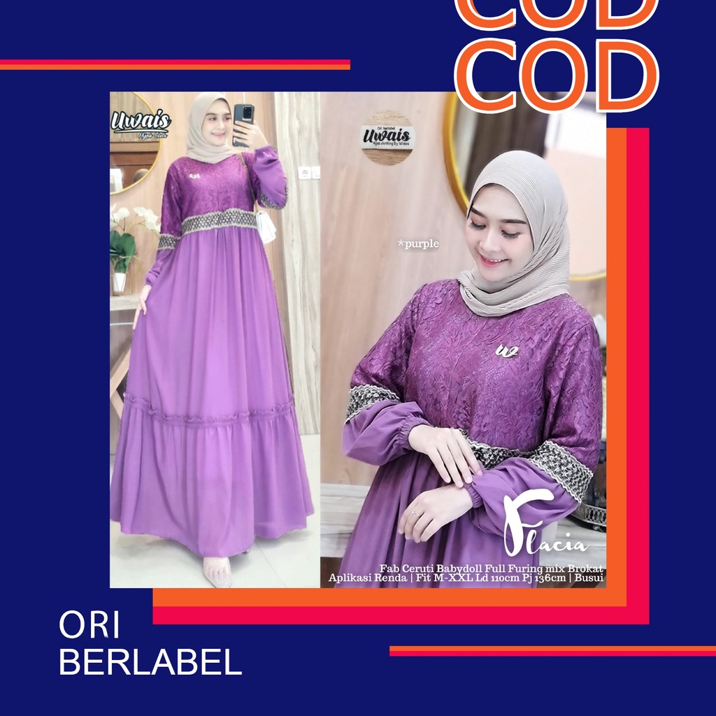 Flacia Ori by Uwais Gamis Maxi Dress Bahan Ceruti Babydoll mix Brokat LD 110 PB 136