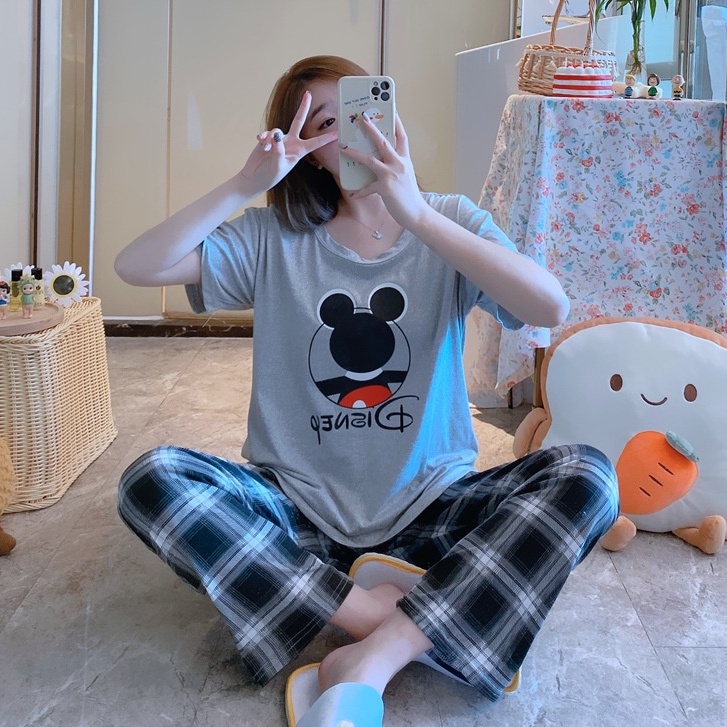 Baaju.id Baju Setelan Piyama Import Jumbo Big Size Baju Rumah Baju Tidur Wanita KR1001-MICKEY (GREY)