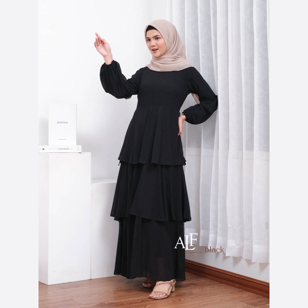 Jelita Dress Black by Alfaina Gamis Susun Hitam Ceruty Babydoll