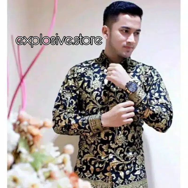 Kemeja Batik Prada Emas Kembang Gede B153 Hitam | Bakung M L Xl Xxl