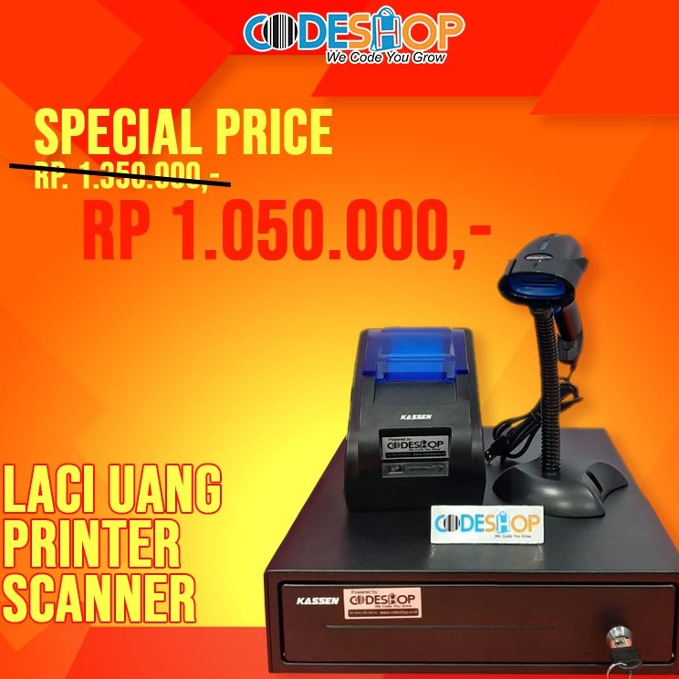 PAKET MESIN KASIR UNTUK RESTO DAN RETAIL DENGAN SCANNER 1D AUTO SCAN (ALL SET)