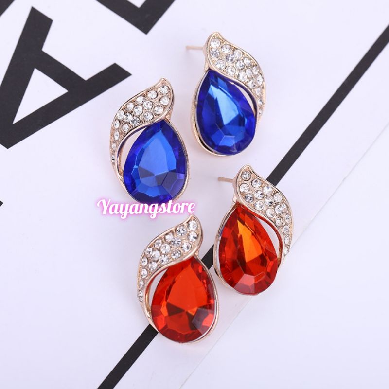 Anting korea - Anting Pesta batu Permata blue saphire biru dan merah mewah wanita import