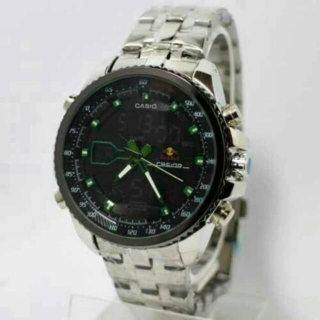 JAM TANGAN PRIA ELEGAN CASIO EDIFICE RACING REDBULL SILVER BLACK DIAL GREEN