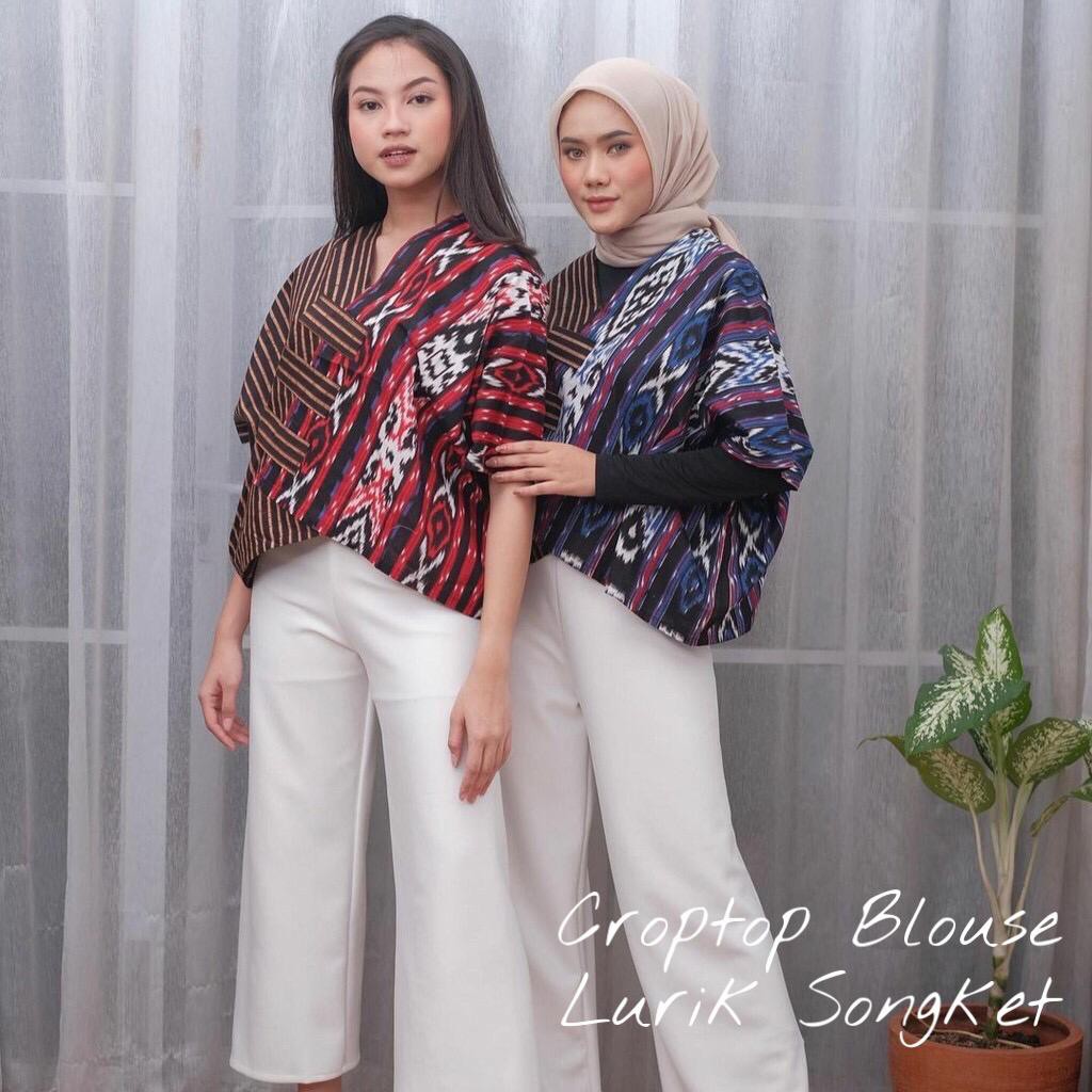 Blus Crop Top COKLAT LURIK SONGKET Tenun Atasan Batik Blouse Wanita Modern Cewek Oversize Premium Croptop