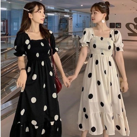 Bj-7017 import Polkadot Maxi Dress Model Lengan Pendek Puff Dress Import