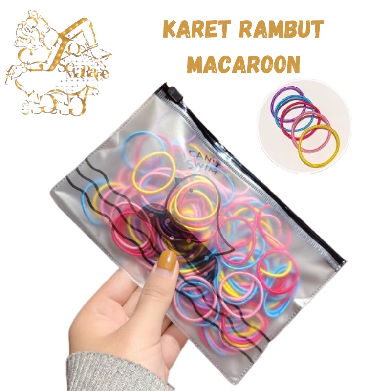 KARET IKAT RAMBUT MACAROON ELASTIS ISI 100 PCS + POUCH