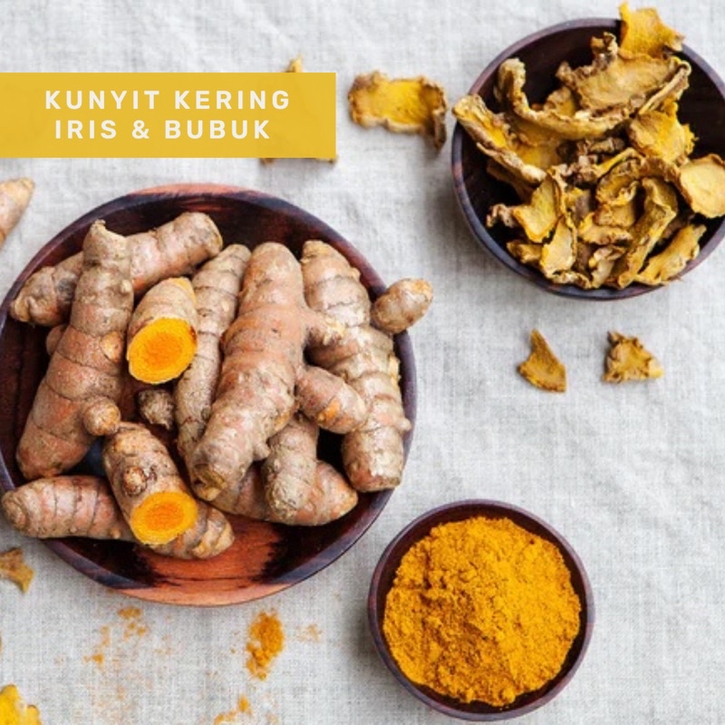 KUNYIT IRIS KERING &amp; KUNYIT BUBUK (Turmeric, kunir/kunyit bubuk dan iris kering,wedang rempah)