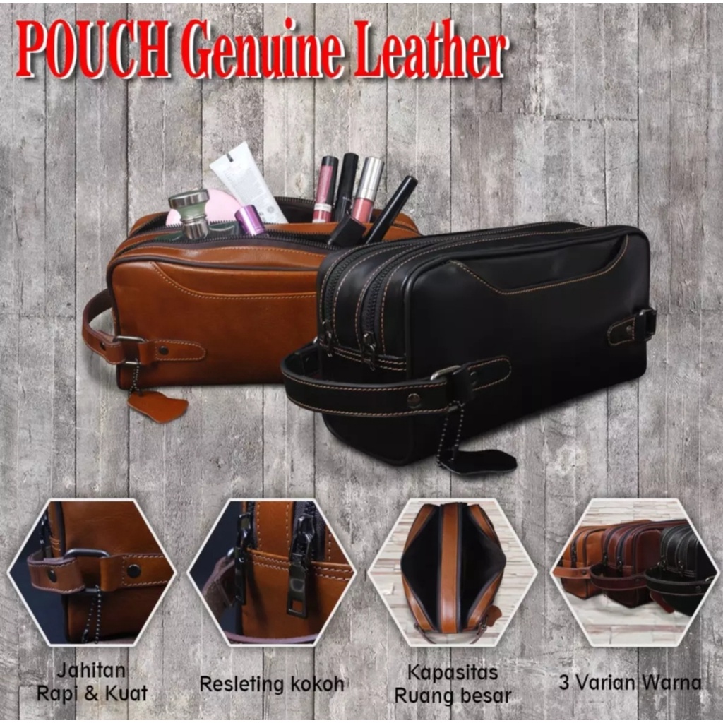 Classy Pouch Bag Genuine Leather Kulit Sapi SEMI untuk Pria / Wanita - Baru - POUCH KOSMETIK OLAHRAGA