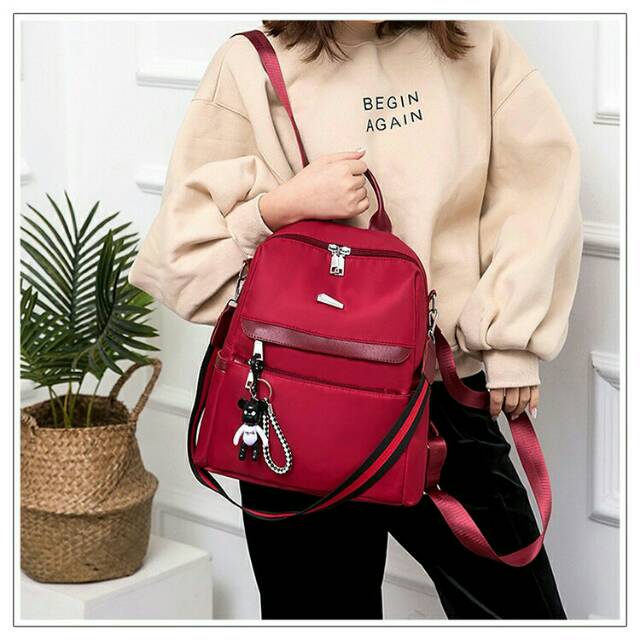 Tas Ransel Batam Wanita Cantik Import Stylish Backpack Korean Nilon Glossy Free Gantungan