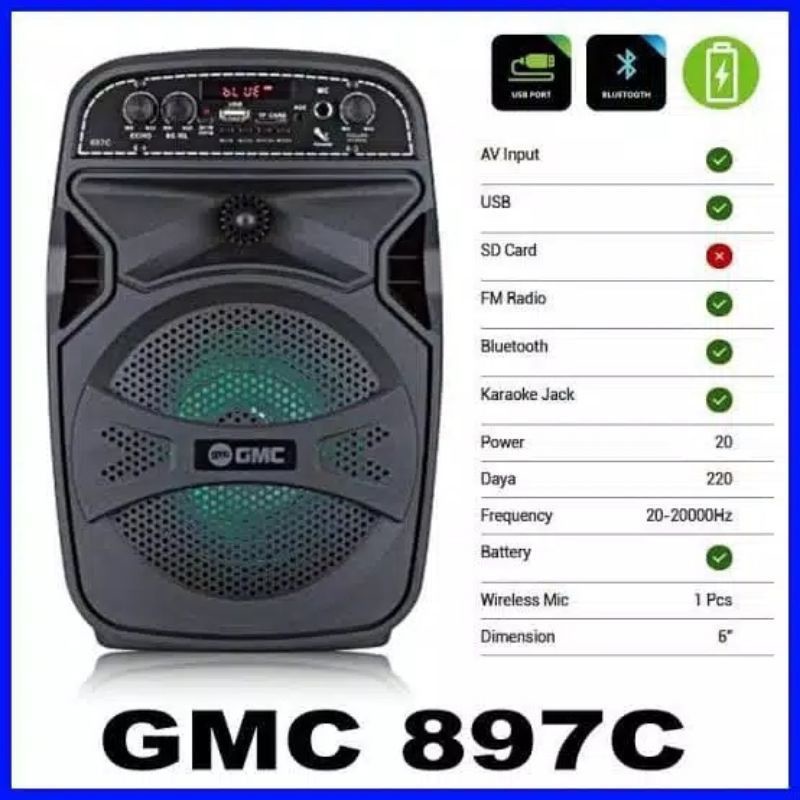 Speaker Bluetooth Wireless GMC 897C 6'5 inchi Free Remote Super Bass
