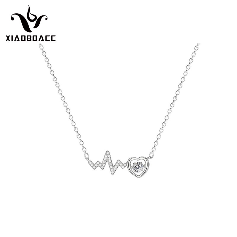 XiaoboACC Kalung Rantai Titanium Steel Liontin Hati ECG Hias Zircon Ukuran Untuk Wanita - 38CM+6CM